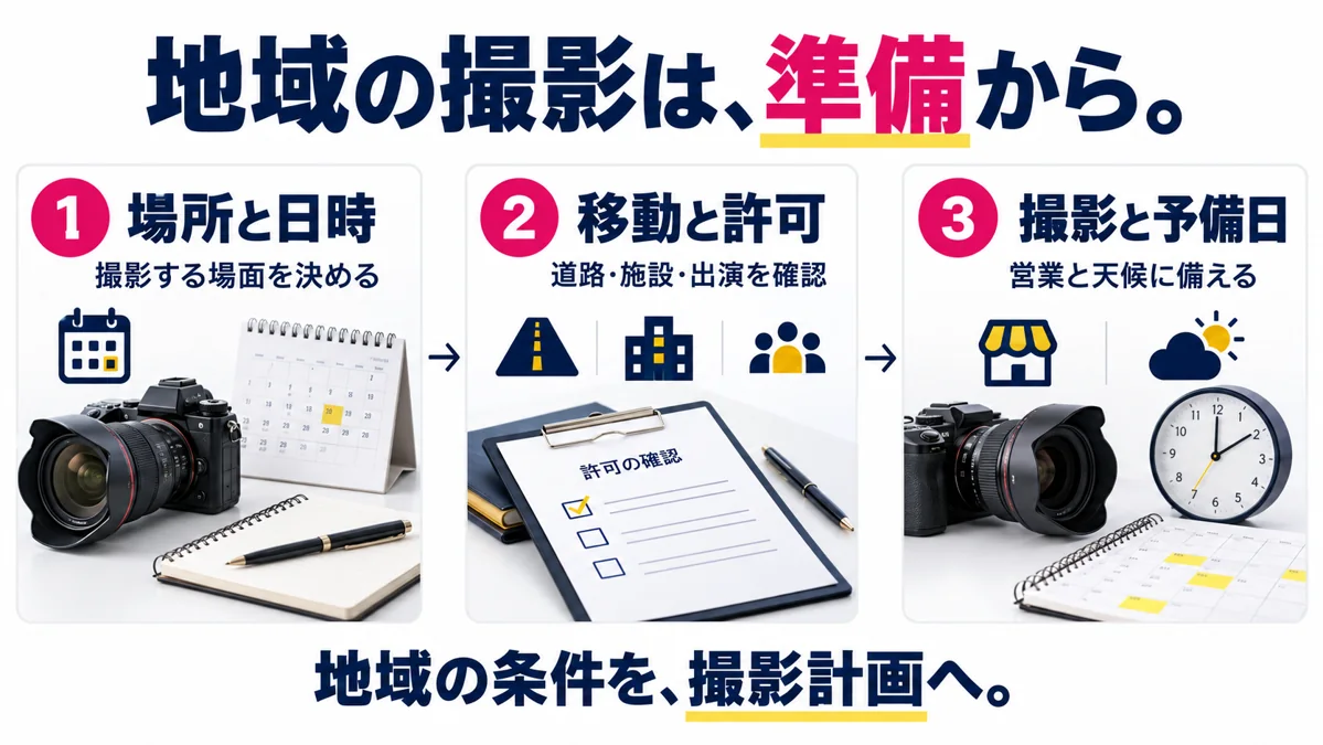 場所と日時、移動と許可、撮影と予備日を順に準備します。