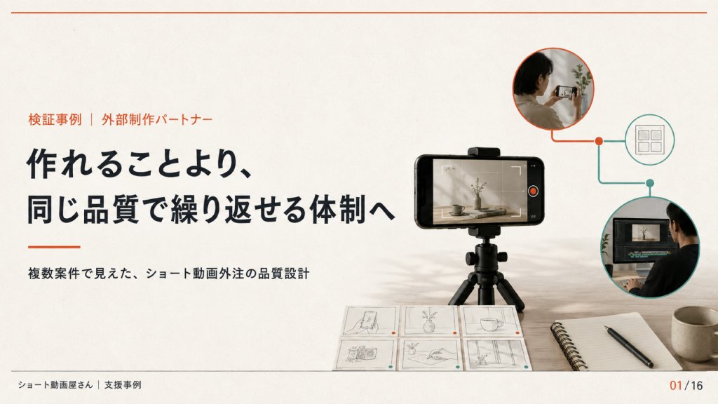 検証事例｜外部制作パートナー / 作れることより、同じ品質で繰り返せる体制へ / 複数案件で見えた、ショート動画外注の品質設計の表紙