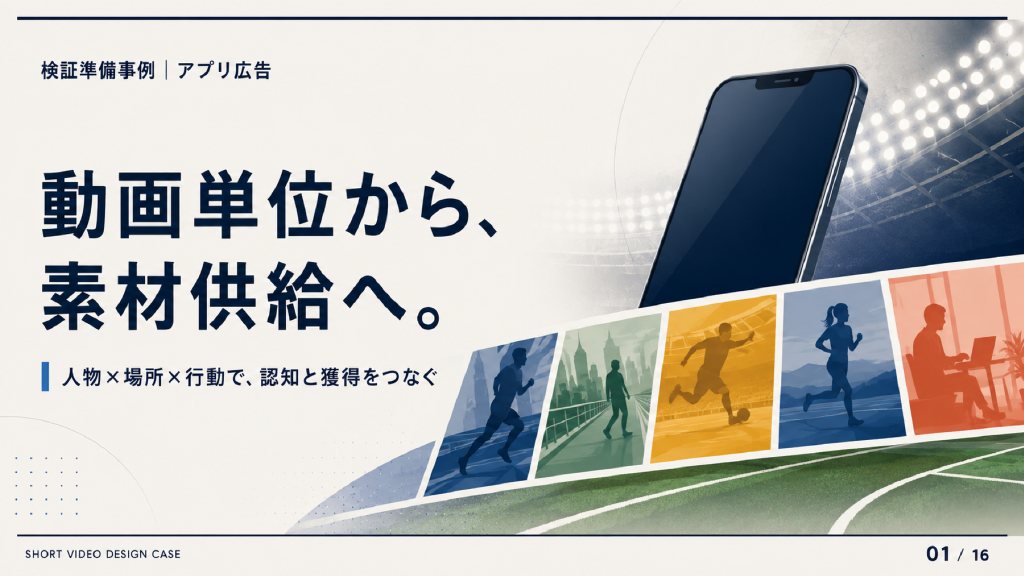 「検証準備事例｜アプリ広告」 / 「ショート動画単位から、素材供給へ。」 / 「人物×場所×行動で、認知と獲得をつなぐ」の表紙