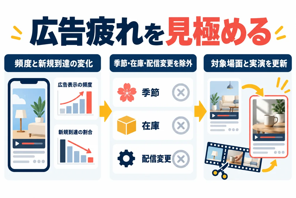 動画広告が効かなくなったら？広告疲れを見極めて素材を更新する方法のアイキャッチ画像
