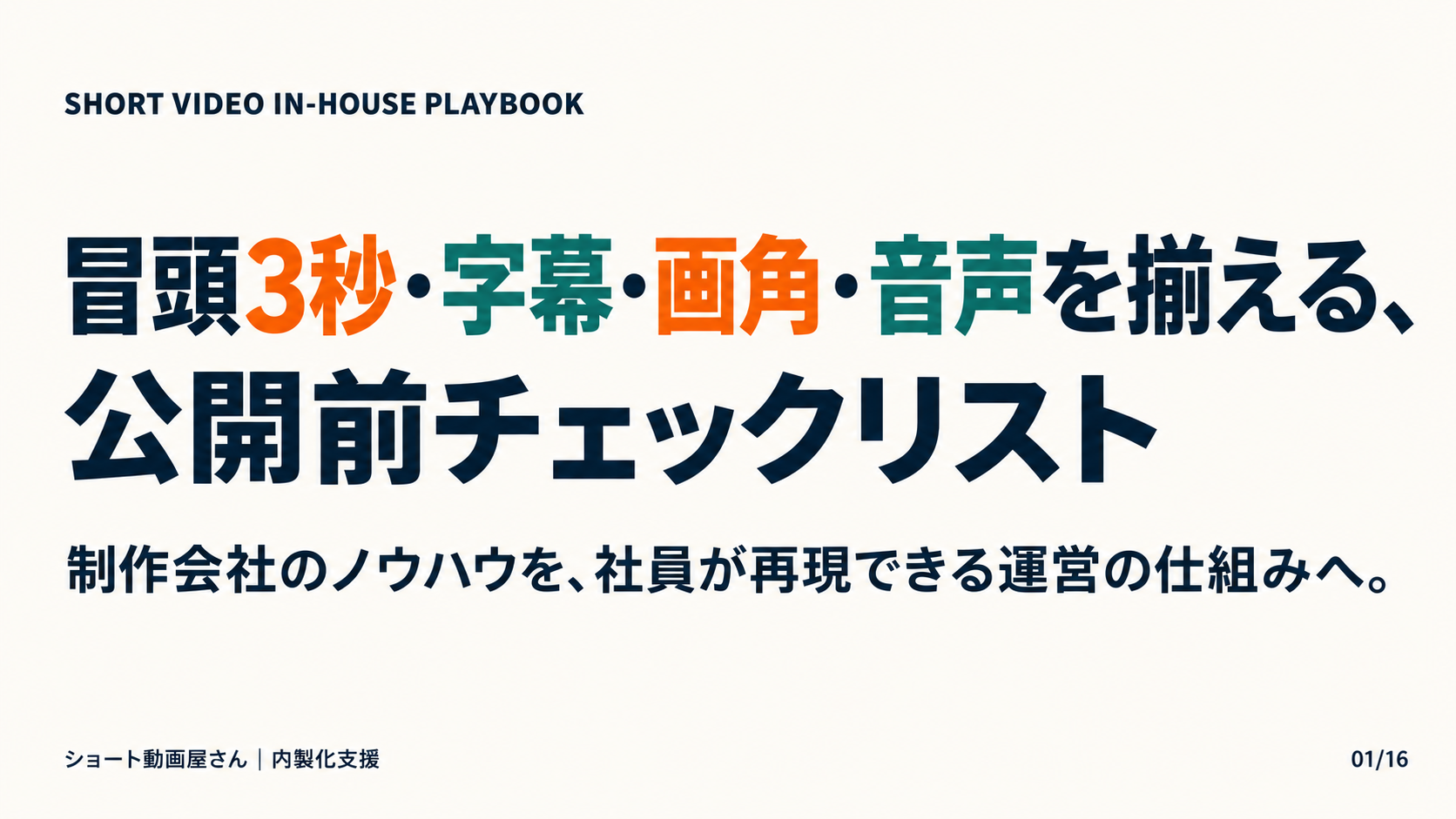 冒頭3秒・字幕・画角・音声を揃える、公開前チェックリストの表紙
