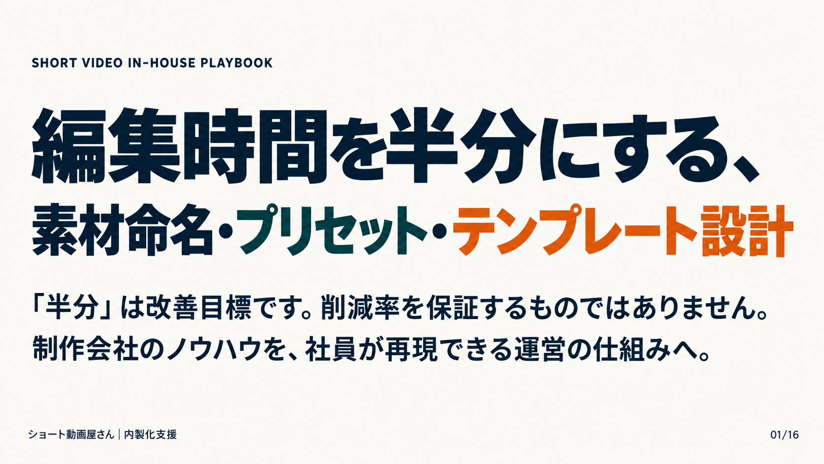 編集時間を半分にする、素材命名・プリセット・テンプレート設計の表紙